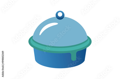 A simple illustration of a blue covered serving dish with a handle