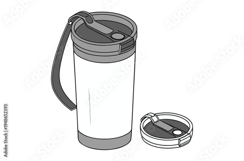 Illustration of a stainless steel travel mug with a removable lid