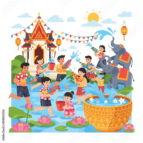Festive illustration showing people playing with water guns near an ornate temple