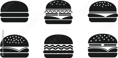 Collection of six uniquely designed black and white burger icons