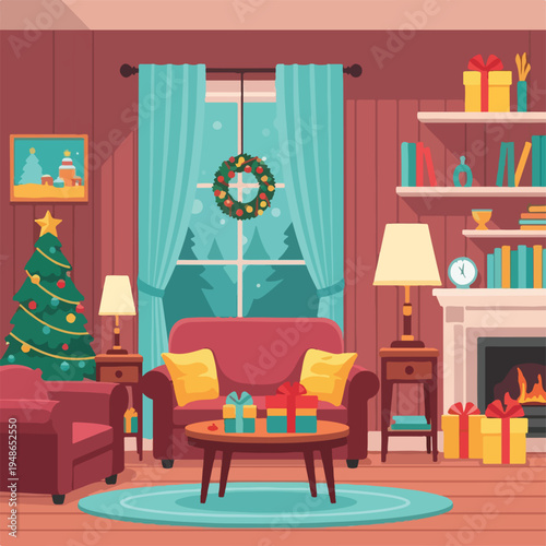 Festive living room illustration, decorated with Christmas tree and gifts