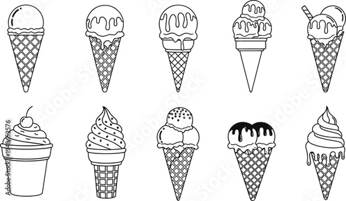 Variety of ice cream cones with different toppings and flavors