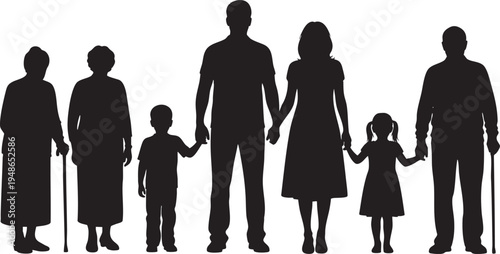 A multi-generational family silhouette holding hands together representing unity and love on transparent background