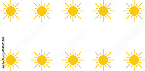 A series of eight yellow suns with colorful rays on a white background