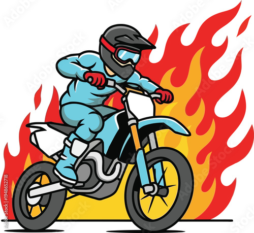 Motocross Rider on Fire Surfboard with Dynamic Action Pose   Illustrative Vector Art