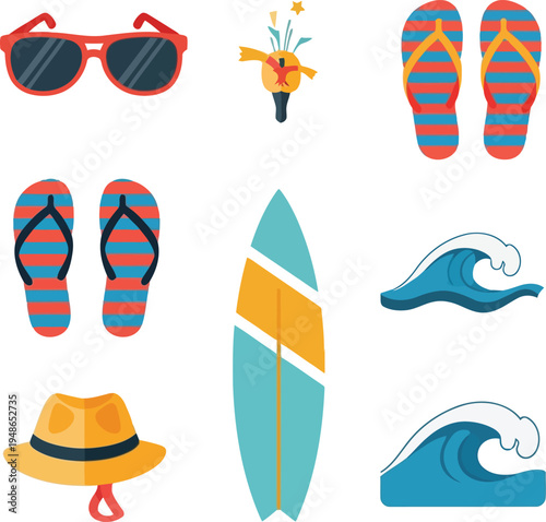 Vibrant Beach Themed Summer Accessories and Surf Icons Vector Illustration