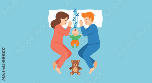 Happy family sleeping with baby in bed, parents and newborn resting together peaceful night parenting love care illustration
