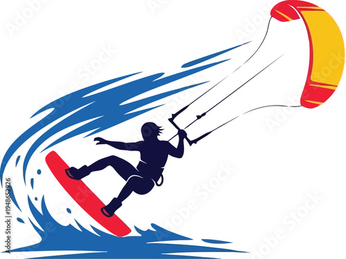 Dynamic Kiteboarder Silhouette with Colorful Kite on Waves
