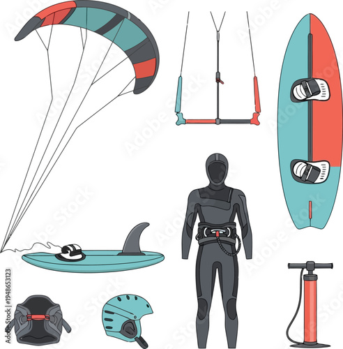 Kitesurfing Gear Set with Harness, Board, Kite, Helmet, Wetsuit, and Pump Illustration