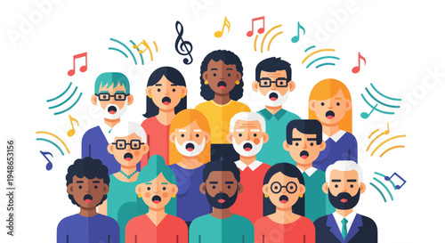 Diverse Choir Singing Together with Musical Notes and Waves