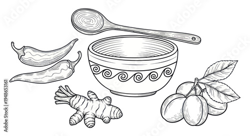 Hand-drawn Ingredients for Cooking: Ginger, Chili, Plums, Spoon, Bowl