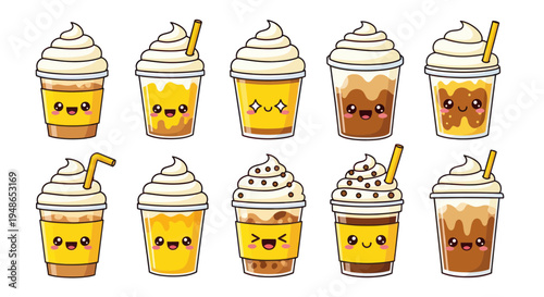 Cute Kawaii Coffee Drinks Collection Vector Illustration