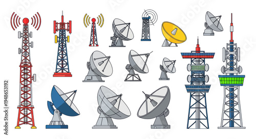 Telecommunication towers and satellite dishes collection, broadcasting and communication technology
