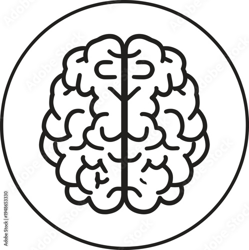 A detailed line art illustration displays the human brain enclosed within a perfect circle, representing intelligence, thought, and mental processes.