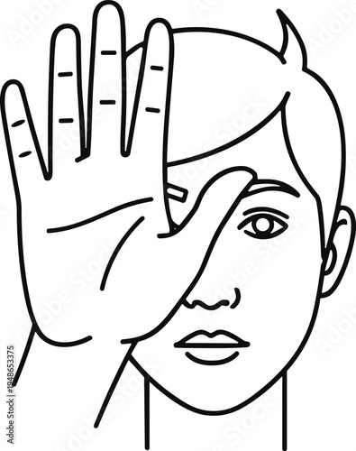 Minimal line art illustration of person covering one eye with hand, vision test gesture, privacy concept, facial expression icon design