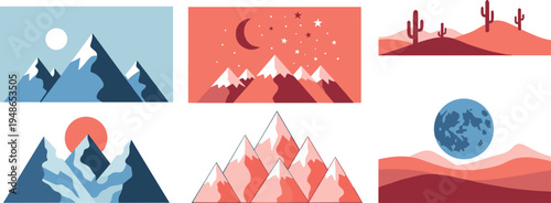 Minimalist mountain landscape illustration set, desert cactus hills, moon night sky, sun peaks, modern flat nature scenery vector collection