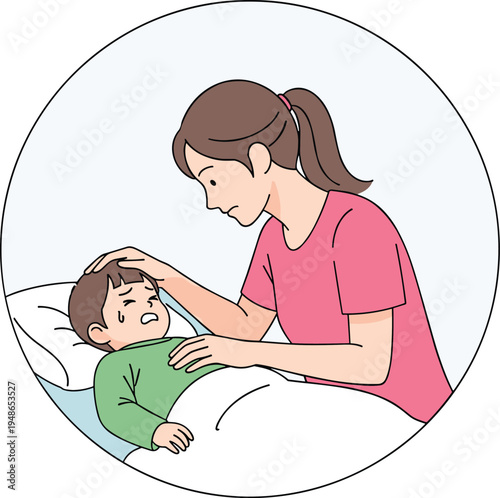 Mother caring for sick child in bed, worried parent checking fever, family healthcare support cartoon vector illustration