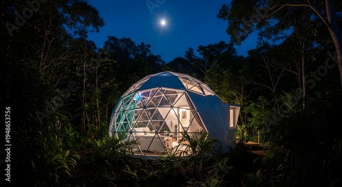 Geodesic Dome Glamping in Forest at Night Under Moonlight