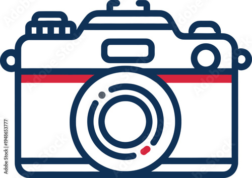 A modern line art icon of a classic film camera with blue and red accents, representing photography and visual media.