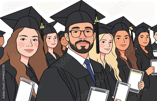 Group of graduates celebrating their achievement at a university during a ceremony in daytime