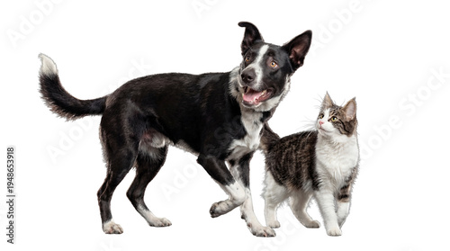 Принти на полотні A playful border collie mix dog and a domestic striped cat stand together, looking curiously