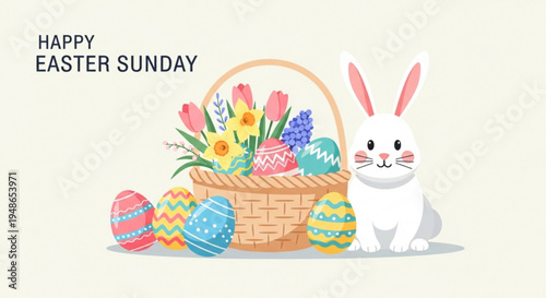 Easter bunny with colorful eggs and flowers in basket on easter sunday morning