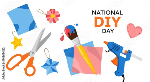 National diy day illustration with tools and craft supplies on white background