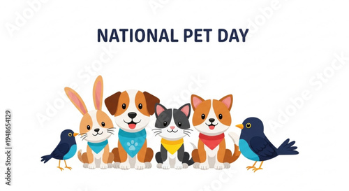 Colorful pets celebrate national pet day with dog cat rabbit bird and cute animals