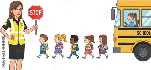 School crossing guard helping children safely board school bus, traffic safety concept with students walking in line and stop sign supervision