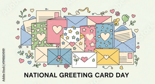 Colorful greeting cards and envelopes with hearts on national greeting card day celebration