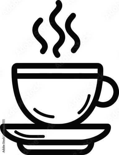 A simple outline icon of a steaming coffee cup on a saucer, representing hot beverages, comfort, and breaks.