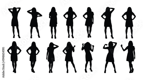 Collection of female silhouettes in various poses and attire on white background for design and illustration