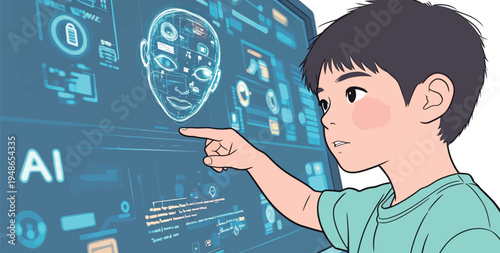 Young boy interacts with touchscreen displaying artificial intelligence features in a tech environment