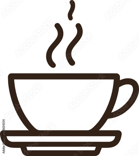 A simple outline icon of a steaming coffee cup on a saucer, representing hot beverages, comfort, and breaks.
