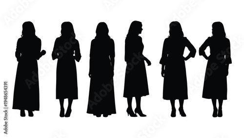 A group of five women standing in a row, depicted in black silhouette against a white background, showcasing different poses and attire, highlighting feminine elegance and individuality.