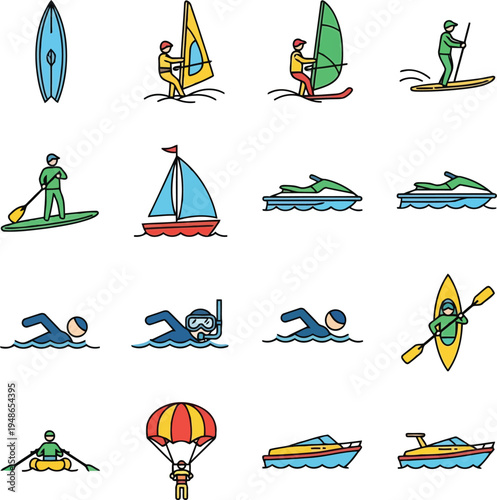 Illustrated Collection of Water Sports and Activities Icons Set