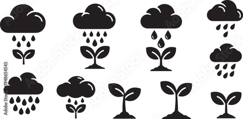 Plant Growth and Rain Symbol Icons Set Vector Illustration