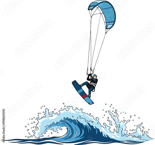Professional Kiteboarder Riding Above Ocean Wave with Parachute