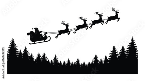 A festive holiday scene of santa claus riding in his sleigh pulled by reindeer across a winter sky above a dense forest