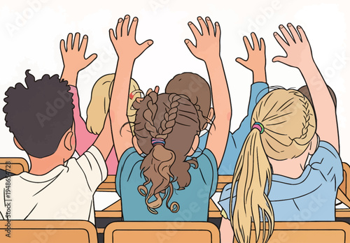 Children in classroom raising hands during a lesson on a weekday morning in a school