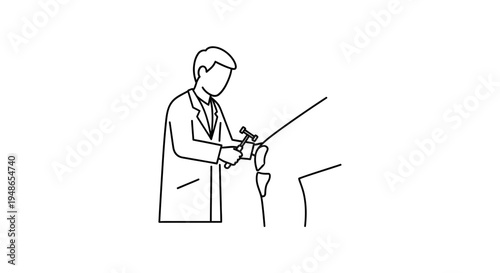 Doctor examining patient's knee with reflex hammer, line art illustration
