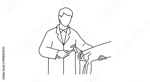 Doctor examining knee joint with reflex hammer, medical illustration