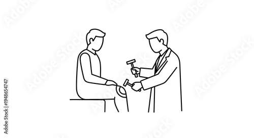 Doctor examining patient's knee with reflex hammer, medical checkup, illustration
