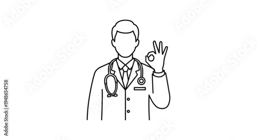 Doctor giving OK sign, medical professional with stethoscope, good health concept, line art illustration