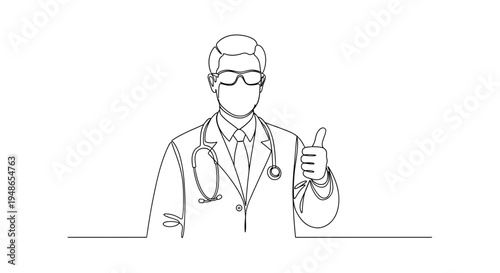 Doctor giving thumbs up, single line drawing, medical professional, positive gesture, healthcare concept