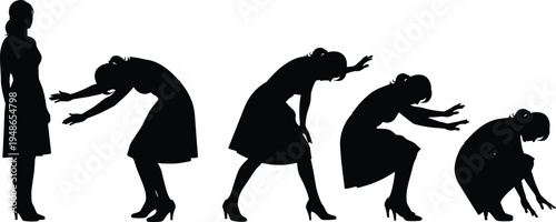 Woman silhouette sequence showing tired exhausted female bending down from standing to crouching pose concept of fatigue stress burnout and emotional struggle illustration