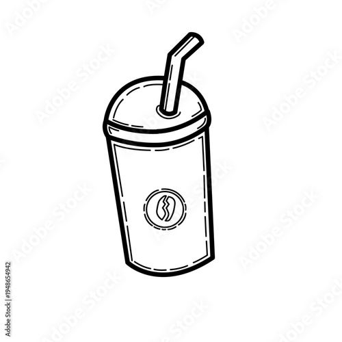 Simple Line Art Illustration of a To-Go Coffee Cup with a Straw and a Coffee Bean Logo