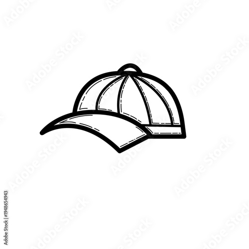 Simple black and white illustration of a baseball cap viewed from the side, showing its rounded crown and brim