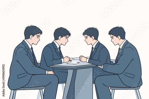 Men in suits discuss strategy around a table in a modern setting during daytime