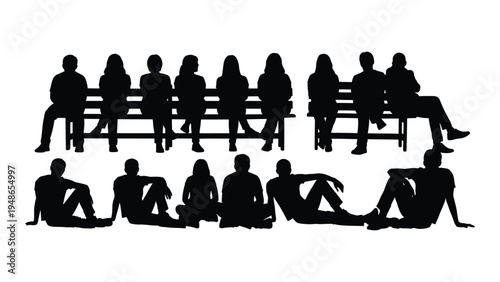 A group of people sitting on a bench and on the ground in a social setting with friends or community